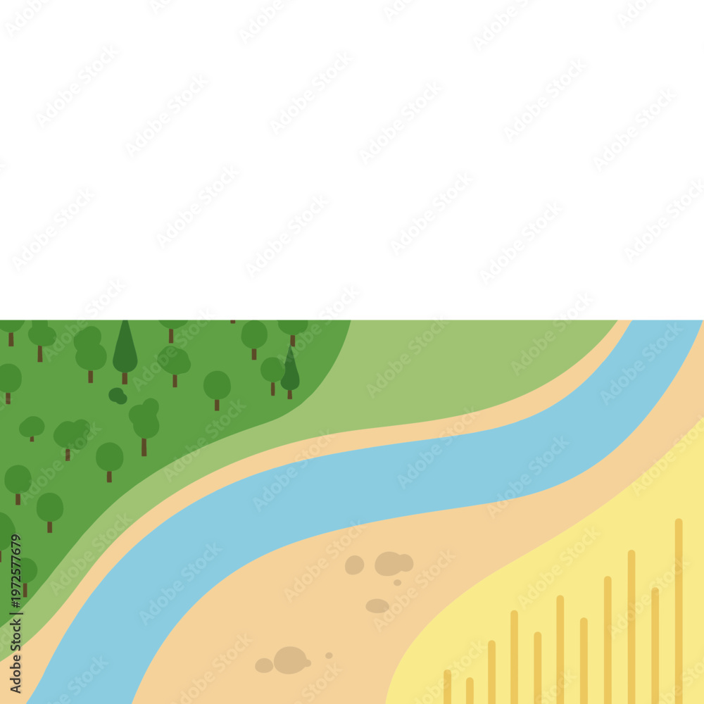 Obraz premium River flows through landscape with trees and sandy shore