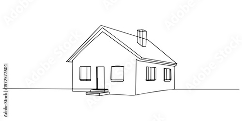 House with chimney outline drawing illustration. one continuous line drawing of house building, Abstract country house in continuous line art drawing style. Family home minimalist black linear design.