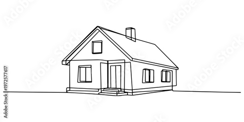 House with chimney outline drawing illustration. one continuous line drawing of house building, Abstract country house in continuous line art drawing style. Family home minimalist black linear design.
