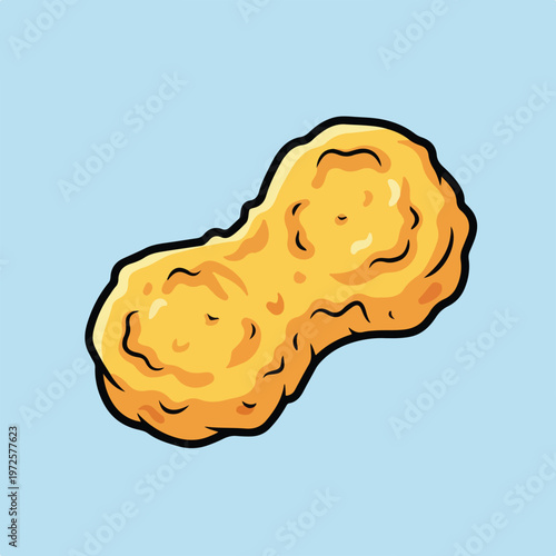 Vector illustration of a crispy, golden-brown chicken nugget shaped like a peanut, featuring bold outlines on a soft blue background.