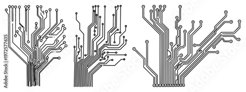Set of abstract circuit board patterns shaped like digital trees and branching networks