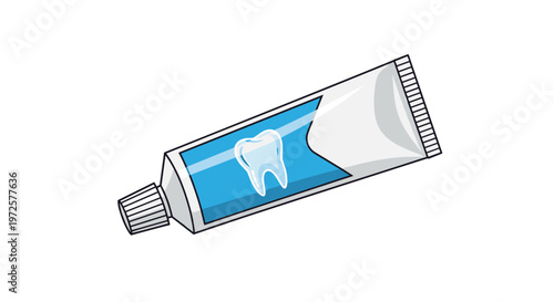 Tube of toothpaste with a tooth icon on a blue background, isolated on a white background for dental hygiene care.