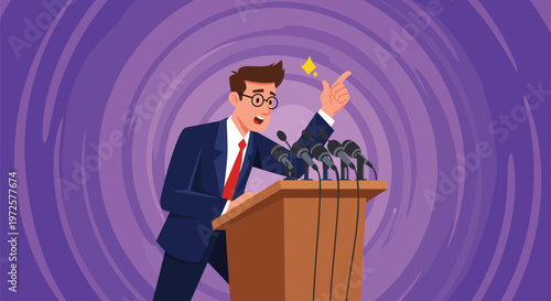 Energetic man in a suit and glasses giving a speech at a wooden podium with multiple microphones against a purple swirly background.