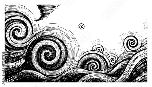 Expressive vintage engraving style illustration of swirling storm clouds and wind vortexes