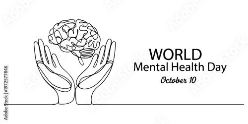 Person holding a brain in one line drawing. Power of human cognition in psychology, One continuous single line of hands hold brain. World Mental Health day is observed every year on October 10, pro.