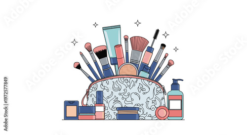 Makeup bag overflowing with various cosmetics including brushes, lipstick, mascara, and creams on a white background for beauty.