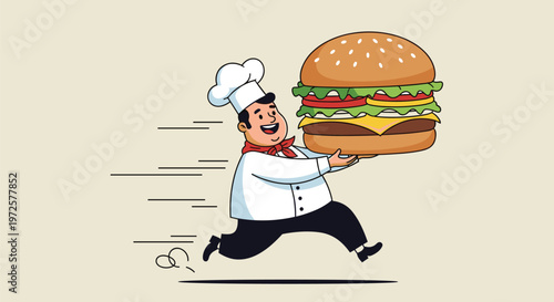 Happy chef in a white uniform and hat running fast while carrying a massive multi-layered hamburger with lettuce cheese and tomatoes.