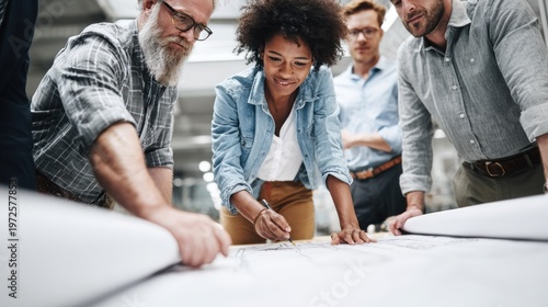Diverse team of professionals collaboratively examines large format technical drawings spread across a surface
