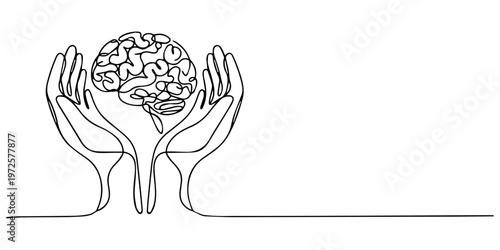Person holding a brain in one line drawing. Power of human cognition in psychology, One continuous single line of hands hold brain. World Mental Health day is observed every year on October 10, pro.