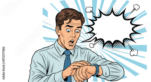 Anxious businessman in a shirt and tie looking at his wristwatch with a surprised expression next to a blank speech bubble.