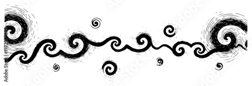 Abstract hand drawn swirling waves and spiral elements in vintage engraving style