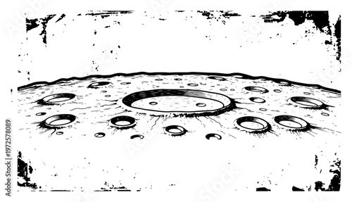 Vintage hand drawn woodcut style illustration of moon surface with craters