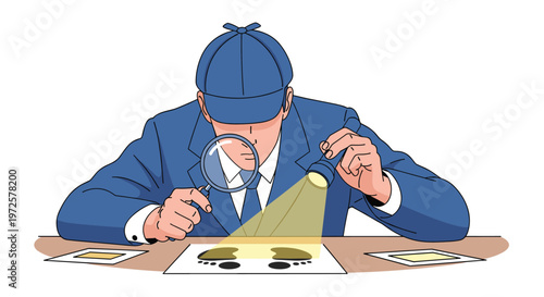 Professional detective wearing a blue suit and cap using a magnifying glass and flashlight to examine muddy footprints on a paper.