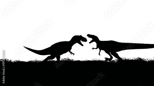 Black Silhouette of Two Dinosaurs Battling in Dynamic Action Pose for Prehistoric Illustration