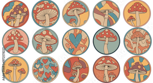 Set of retro circular mushroom stickers with various patterns and heart shapes in a vintage color palette for craft and decor.