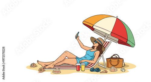 Woman in a blue swimsuit and straw hat relaxing on a beach chair under a colorful umbrella and taking a selfie with her phone.