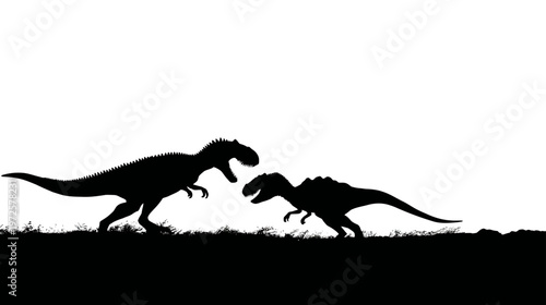 Black Silhouette of Two Dinosaurs Battling in Dynamic Action Pose for Prehistoric Illustration