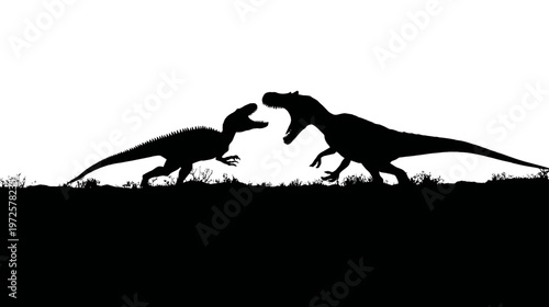 Black Silhouette of Two Dinosaurs Battling in Dynamic Action Pose for Prehistoric Illustration