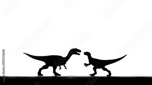 Black Silhouette of Two Dinosaurs Battling in Dynamic Action Pose for Prehistoric Illustration