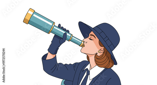 Elegant woman in a navy blue hat and suit looking through a vintage brass telescope against a clean white background.