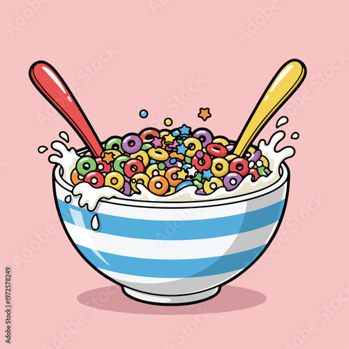 A vibrant vector illustration features a blue-striped bowl overflowing with colorful ring cereal and splashing milk with two spoons.