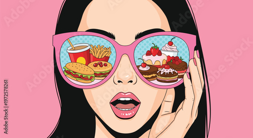 Close up of a woman's face wearing pink sunglasses reflecting images of various fast food and sweet desserts.