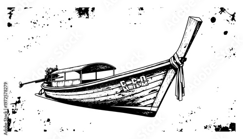 Traditional thai longtail boat hand drawn in vintage engraving style