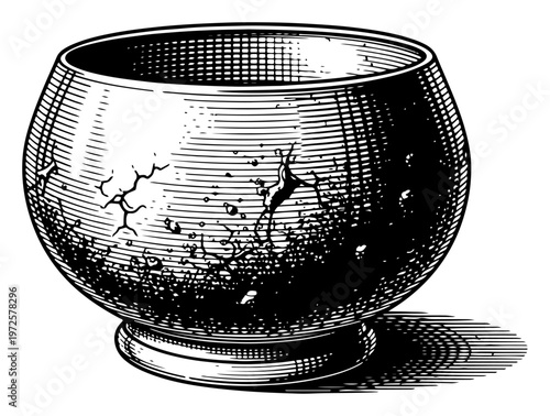 Vintage hand drawn ceramic bowl or pot with texture and cracks in engraving style