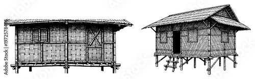 Vintage woodcut illustration of traditional tropical bamboo huts on stilts