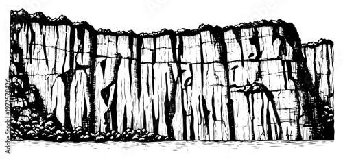Hand drawn engraving style illustration of a massive rocky cliff wall