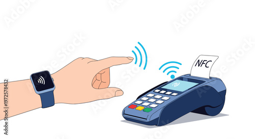 Close up of a contactless payment transaction using a smartwatch and an NFC terminal for modern digital retail concepts.