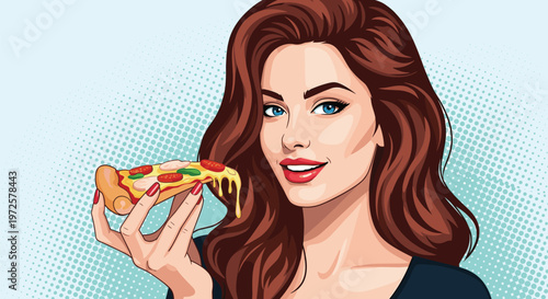 Beautiful woman with long brown hair and red lipstick looking happy while holding a slice of pizza with cheese and tomatoes.