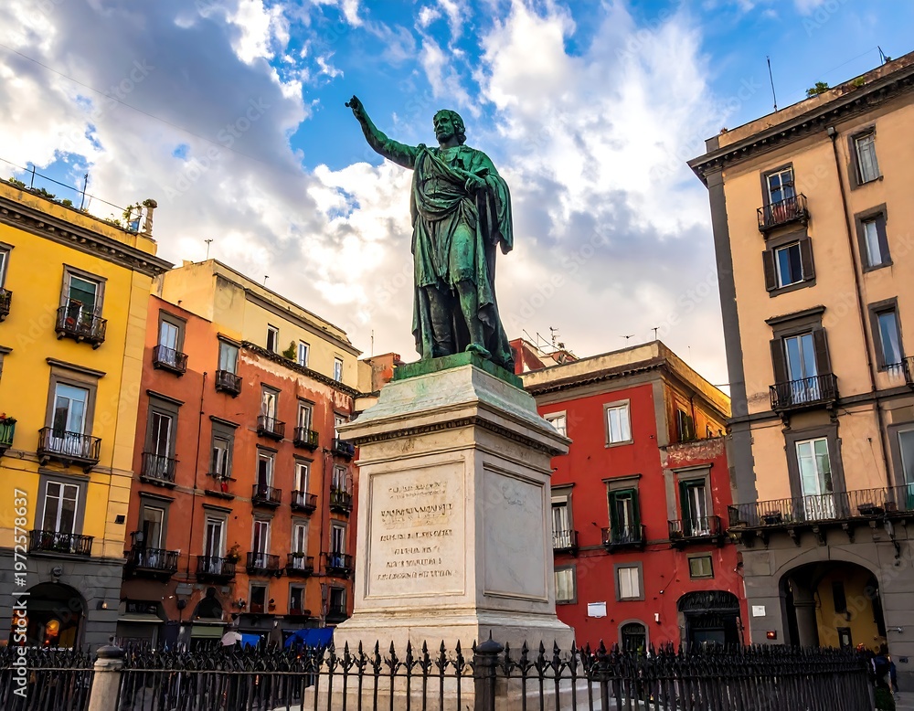 Fototapeta premium Orator statue stands tall in a vibrant European city square under a partly cloudy sky