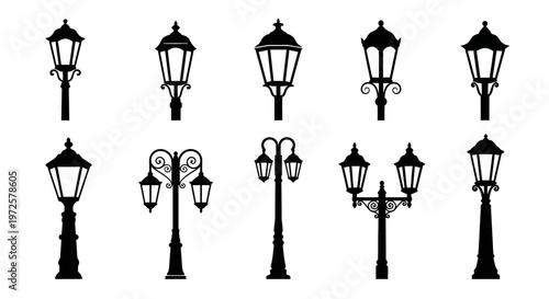 Black silhouettes of various street lamps.