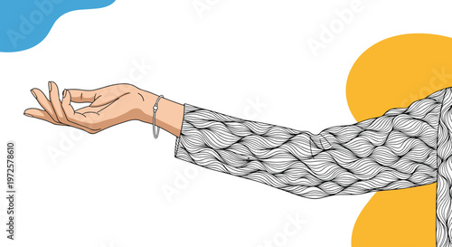 Arm and hand of a woman held out in a receptive palm up gesture wearing a warm knit sweater and silver bracelet.