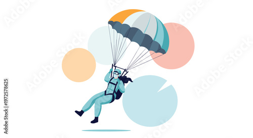 Person skydiving with a blue white and orange parachute against a minimalist background featuring large pastel colored circular shapes.