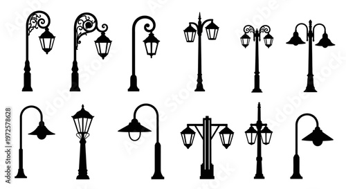 Black silhouettes of various street lamps.