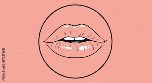 Close up of a pair of glossy lips slightly parted within a black circular frame for beauty and cosmetic industry concepts.