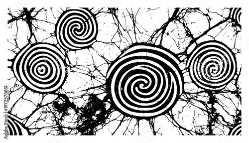 Vintage hand drawn woodcut style illustration of tribal spirals on a crackled texture background