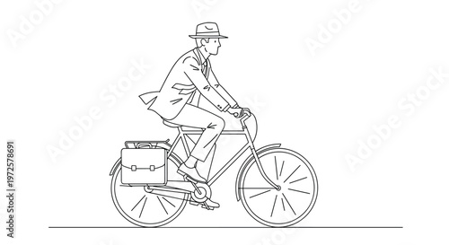 Simple line art drawing of a professional man in a suit and hat riding a vintage bicycle with a briefcase attached to the rear rack.