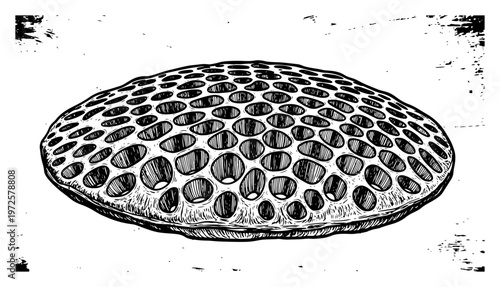 Detailed vintage engraving style botanical illustration of a dried lotus seed pod