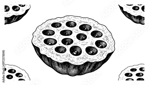 Hand drawn dry lotus seed pod in vintage engraving style