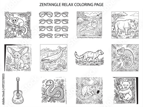 Collection of intricate animal illustrations for zentangle relax coloring page featuring wildlife and nature themes in vector format