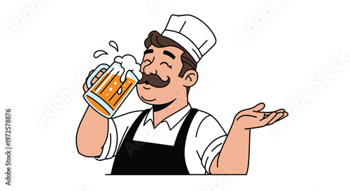 Joyful chef with a mustache wearing a white hat and black apron enjoying a large foaming mug of beer with his eyes closed in delight.