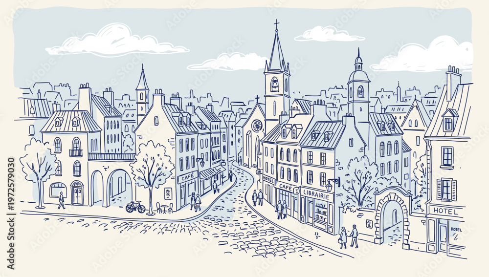 Obraz premium Old European town. Vector hand-drawn illustration. Blue and white color palette