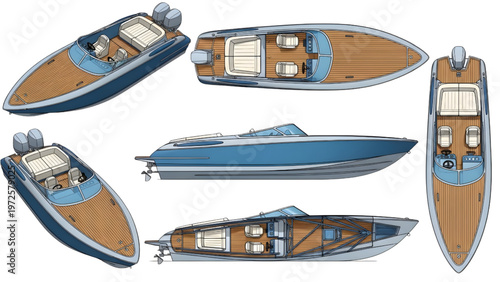 Isometric Speedboat Wooden Floor Blueprint Top & Side Views 3D CAD Drawing Marine Vessel Diagram High Depth of Field Isolated on White