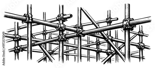 Hand drawn vintage engraving style illustration of metal scaffolding construction structure