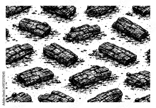 Vintage woodcut style seamless pattern of charcoal logs or burnt wood blocks