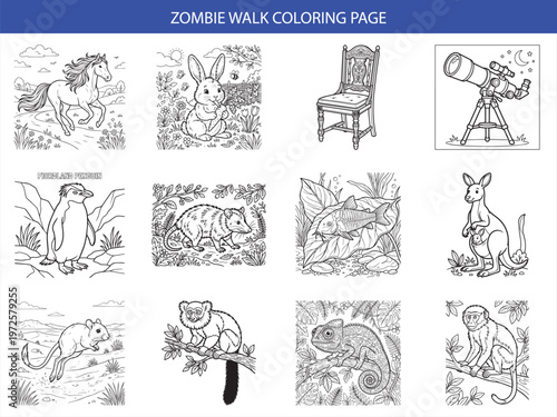 Zombie walk coloring page set featuring horse rabbit and kangaroo line art for children educational activity books