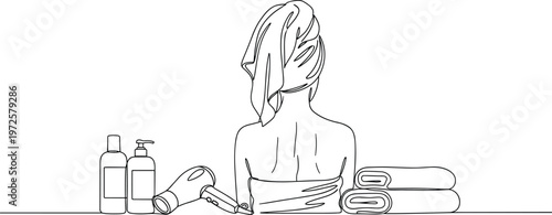 Beauty Salon Hair Care Line Art Vector Illustration with Woman Back View, Hair Dryer, Towels and Cosmetic Bottles Design